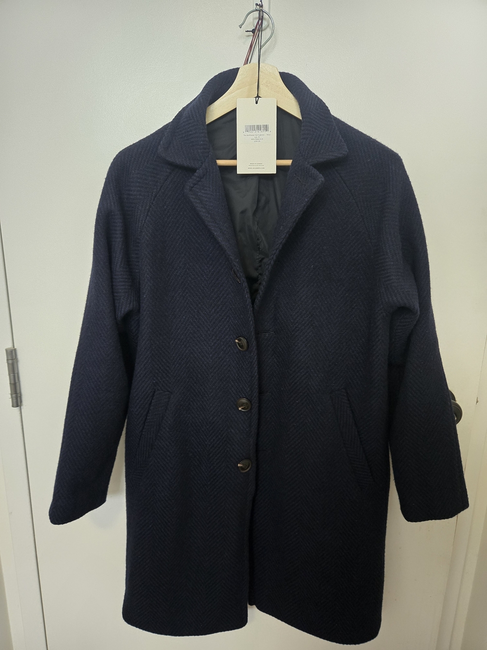 Men's Navy Wool Coat - Tailored Herringbone Outerwear